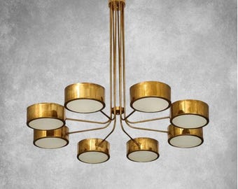 Italian Mid Century Brass Chandelier, Stilnovo Sputnik Drum Light Fixture, 8 Arm Ceiling Lamp – Handmade Vintage Brass Retro Lighting
