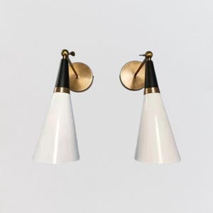 Pair of Mid Century Modern Stilnovo Wall Sconces – Brass & White Cone Italian Style Vintage Wall Lights | Handmade Retro Wall Lamp Lighting