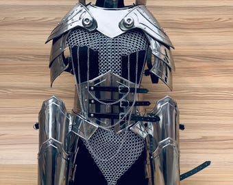 Medieval Knight Women&#39;s Body Armor, Women Chainmail Armor Set,Medieval Chainmail SCA LARP Cosplay Armor,Fantasy Women’s Knight Armor Set