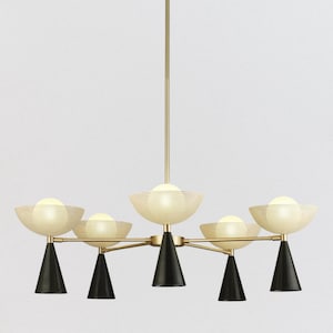 Mid Century Modern 5 Light Brass Sputnik Chandelier – Black Cone Pendant Lamp | Vintage Italian Stilnovo Ceiling Fixture