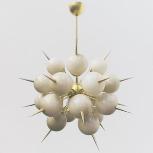 Mid Century Brass Sputnik Chandelier with Spiked Glass Globes | Italian Modern Statement Light | Stilnovo Inspired Atomic Pendant Fixture