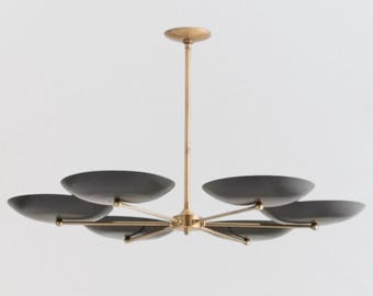 Mid Century Modern Black & Brass Chandelier | 6-Light Matte Pendant Ceiling Fixture | Italian Style Sputnik Lighting - Handmade Vintage Lamp