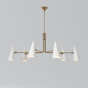 1950s Mid Century Modern Chandelier – Stilnovo Sputnik Brass Ceiling Light Fixture | 6-Light Cone Shade | Custom Handmade Lighting