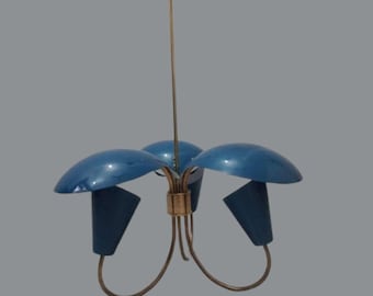 1950s Mid Century Modern Chandelier | Stilnovo Sputnik 3 Arm Light | Blue Brass Ceiling Fixture | Handmade Retro Italian Pendant Lamp Light