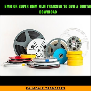 May include: A collection of vintage 8mm film reels in various colors and sizes, including gray, white, yellow, red, and blue. The reels are arranged on a white surface. 8MM OR SUPER 8MM FILM TRANSFER TO DVD & DIGITAL DOWNLOAD. PALMDALE TRANSFERS.