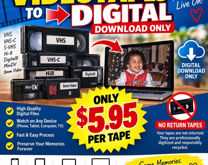 VIDEOTAPES TO DIGITAL — only 5.95 per tape
