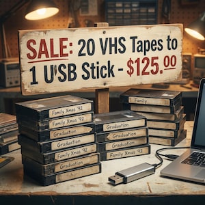 May include: A wooden sign with the text SALE: 20 VHS Tapes to 1 USB Stick - $125.00 positioned above stacks of black VHS tapes labeled Family Xmas '92 and Graduation, alongside a silver USB flash drive connected to a laptop computer.