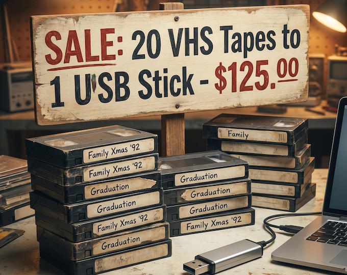 Transfer 20 videotapes, including VHS, VHS-C, MiniDV, and Hi8 formats, onto a single USB.