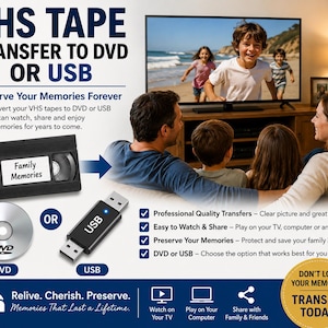 May include: A service advertisement for VHS tape transfer to DVD or USB. The graphic displays a black VHS tape labeled Family Memories, a silver DVD, and a black USB drive. Text includes VHS TAPE TRANSFER TO DVD OR USB and Relive. Cherish. Preserve.