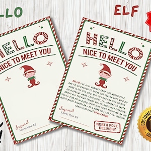 May include: Two printable elf note cards with a red and green candy cane stripe border. The cards feature a cartoon elf with the text "Hello, Nice to Meet You". The text "Special Gift" is in a red star shape. The text "Buy Now!" is in a black star shape.