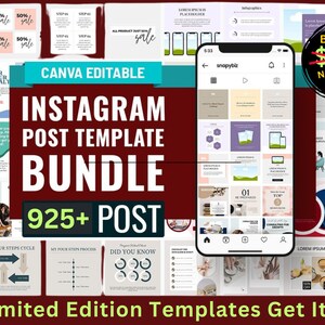 Puede incluir: Un collage de plantillas de publicaciones de Instagram coloridas para marketing en redes sociales. Las plantillas están diseñadas para Canva e incluyen una variedad de diseños, colores y fuentes. El texto en la imagen dice "Canva Editable Instagram Post Template Bundle 925+ Post Limited Edition Templates Get It Now Before $297 Now $11".