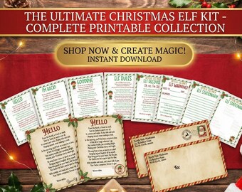 May include: A complete printable Christmas Elf Kit with various cards and stationery. The kit includes cards with messages like "Hello", "Goodbye", and "Elf Rules". The image also features envelopes with a North Pole address and the text "Shop Now & Create Magic! Instant Download".