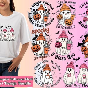 以下が含まれることがあります： 8つのキュートなパンプキンハロウィーンゴーストTシャツデザインのセット。デザインには、「Boo But, First, Coffee」、「I Ghost People All Year Round」、「This is Some Boo Sheet」、「I Mean Boo」、「First I Drink My Coffee Then I Do The Ghosting」、「Stay Spooky」など、さまざまな言葉が書かれたゴーストが描かれています。
