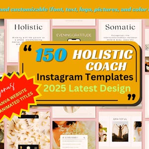 Op de afbeelding: Een collage van Instagram-posttemplates voor holistische coaches. De templates hebben verschillende kleuren en ontwerpen, waaronder roze, geel en groen. De tekst "150 Holistic Coach Instagram Templates 2025 Latest Design" staat in het midden van de collage.