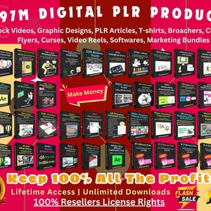 Puede incluir: Un collage de portadas de productos digitales coloridos con el texto "1597M DIGITAL PLR PRODUCTS" y "Keep 100% All The Profits!"  Los productos incluyen videos de stock, diseños gráficos, artículos PLR, camisetas, folletos, imágenes prediseñadas, folletos, cursos, carretes de video, software y paquetes de marketing.  El texto "Lifetime Access | Unlimited Downloads | 100% Resellers License Rights" también está incluido.