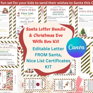 Paquete personalizado de cartas navideñas de Papá Noel y kit de paquetes de cajas de Nochebuena, carta de Papá Noel y sobre, carta de Papá Noel, etiquetas de regalo