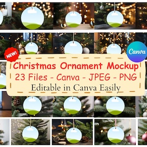 May include: A collection of round Christmas ornament mockups, each with a sky and landscape design, hanging against various festive backgrounds. The image includes the text "Christmas Ornament Mockup" and "Editable in Canva Easily."