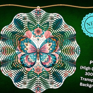 Op de afbeelding: Een kleurrijk mandala-ontwerp met een vlinder in het midden. De mandala is gemaakt van groene, blauwe, roze en witte kleuren. De vlinder heeft ingewikkelde details en is omringd door bloemen.