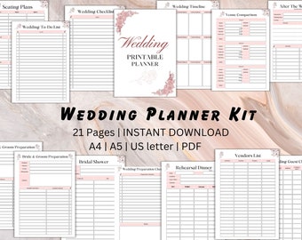 May include: A printable wedding planner kit with 21 pages. The cover features a pink floral design and the text "Wedding Printable Planner". The kit includes pages for seating plans, to-do lists, checklists, timelines, venue comparisons, vendor lists, guest checklists, bridal shower planning, rehearsal dinner planning, and more.