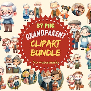 Paquete de Clipart para el Día de los Abuelos, 37 Clipart Lindos en Acuarela, Clipart de Familia PNG, Abuelos PNG, Clipart Abuela