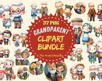 Großelterntag Clipart Bundle, 37 niedliche Wasserfarben Clipart, Familie Clipart Png, Großeltern PNG, Oma Clipart, Opa Clipart