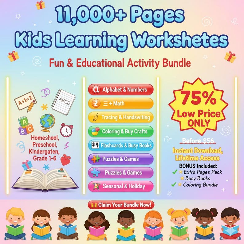 11,000+ Kids Learning Worksheets: Homeschool Activity Bundle (digital ...