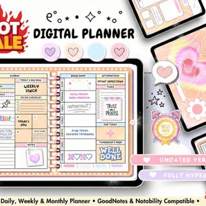 Puede incluir: Planificador digital con un esquema de color rosa y melocotón. El planificador incluye secciones para la planificación diaria, semanal y mensual, con texto que dice "Digital Planner", "Hot Sale" y "Undated Version".