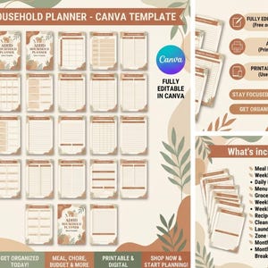 Op de afbeelding: ADHD Huishoudplanner Canva-sjabloon met 19 pagina's en een omslag. Inclusief maaltijdplanners, checklists en meer. Volledig bewerkbaar in Canva, printbaar en digitaal. Tekst: "Blijf gefocust en gemotiveerd!" en "Word vandaag georganiseerd!"
