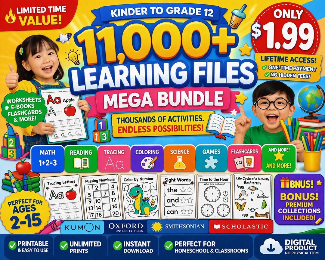 11,000+ Printable Kids Worksheets Bundle | Preschool, Kindergarten ...