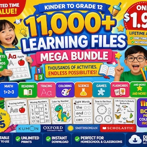 Könnte beinhalten: Ein farbenfrohes Werbebild für Kinder, das ein "11.000+ Lern-Dateien Mega-Bundle" bewirbt. Es zeigt Kinder, Arbeitsblätter und Fächer wie Mathe, Lesen und Naturwissenschaften. Das Bundle ist für Kinder im Alter von 2-15 Jahren.