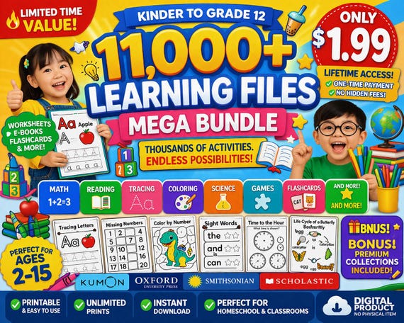 11,000+ Printable Kids Worksheets Bundle | Preschool, Kindergarten & Homeschool Learning Activities | Alphabet Math Tracing Coloring Bundle