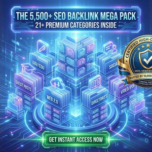 Op de afbeelding: Digitale afbeelding met de tekst "THE 5,500+ SEO BACKLINK MEGA PACK" en "21+ PREMIUM CATEGORIES INSIDE". De afbeelding heeft een futuristisch ontwerp met gloeiende blauwe en paarse elementen, iconen en tekstlabels.