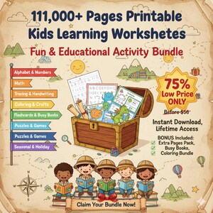 Peut inclure: Image promotionnelle pour un ensemble de fiches d'exercices d'apprentissage pour enfants. Elle présente un coffre au trésor rempli de feuilles de travail, un badge de réduction de 75 % et des enfants lisant des livres. Le texte indique : "111 000+ Pages imprimables".