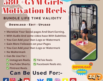 May include: A digital product graphic with a pink, white, and black color scheme. The graphic features the text "580+ GYM Girls Motivation Reels" and "Canva" in a white font. The graphic also includes a variety of social media icons, including Facebook, Instagram, TikTok, YouTube, Pinterest, and Twitter. The graphic also includes the text "Download Now" and "24/7 Support".