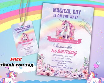 Sparkling Unicorn Birthday Invitation: Gold Glitter Rainbow (Digital Download)