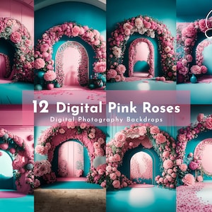 12 cenários digitais, conjuntos de maternidade rosa-azulado, sobreposições de cenário de maternidade, fundos digitais de fotografia, cenários para recém-nascidos, Photoshop