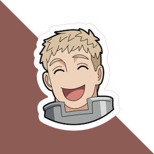 Könnte beinhalten: Eine Cartoon-Illustration einer Person mit blonden Haaren und einem lächelnden Gesicht. Die Person trägt eine graue und weiße Rüstung.