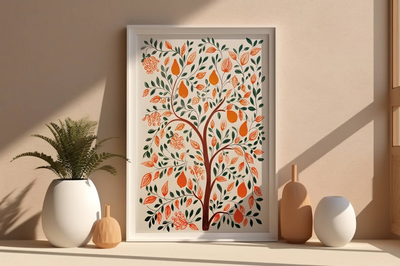 Block Print Orange Tree Wall Art, Instant Download Etsy