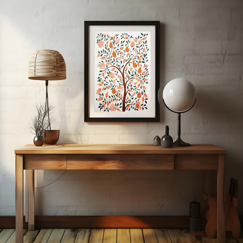 Block Print Orange Tree Wall Art, Instant Download Etsy