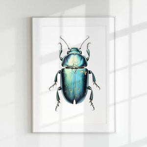 May include: A framed print of a blue and green beetle with gold accents. The beetle is depicted in a realistic style and is the focal point of the print.