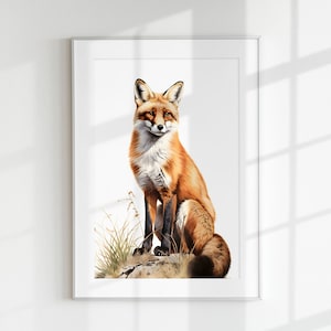 Puede incluir: Una pintura realista de un zorro rojo sentado en una roca con hierba verde y tallos marrones en el fondo. El zorro tiene un pecho blanco y una cola tupida.