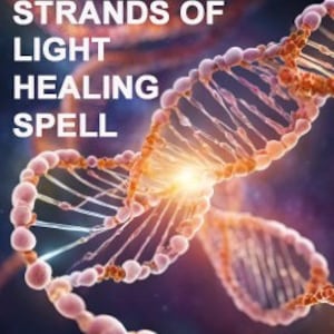 May include: A digital illustration of a double helix DNA strand with a bright light emanating from the center. The background is a dark blue with a purple and pink nebula effect.
