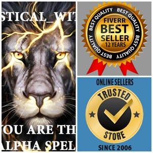 Op de afbeelding: Een zwarte leeuw met gloeiende gele ogen en bliksemschichten in zijn manen. De tekst "STICAL_WI" staat bovenaan de afbeelding. De tekst "YOU ARE THE ALPHA SPEL" staat onderaan de afbeelding. De afbeelding bevat ook een gouden ster met de tekst "BEST QUALITY" en "BEST QUALITY" boven en onder de ster. De tekst "FIVERR BEST SELLER 12 YEARS" staat in de ster. De afbeelding bevat ook een gouden cirkel met de tekst "TRUSTED STORE" en een vinkje in de cirkel. De tekst "ONLINE SELLERS" staat boven de cirkel. De tekst "SINCE 2006" staat onder de cirkel.