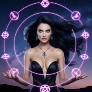 Puede incluir: Una mujer con largo cabello negro y ojos azules, vestida con un top negro sin tirantes y un colgante plateado. Está extendiendo las manos, con un círculo púrpura brillante y símbolos a su alrededor. El fondo es un cielo nocturno azul oscuro con estrellas.