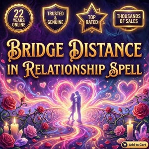 Peut inclure: Illustration numérique d'un pont avec un couple en silhouette, entouré de roses, de bougies et de cœurs. Le texte indique "Bridge Distance in Relationship Spell" avec des badges indiquant "22 Years Online", "Trusted & Genuine", et "Top Rated".