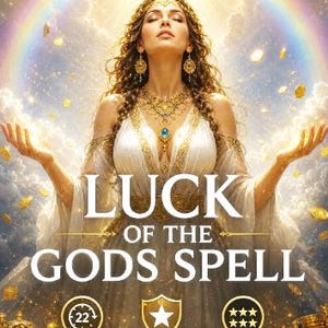 Peut inclure: Une illustration numérique montrant une personne aux longs cheveux en robe blanche, entourée de pièces d'or et d'un arc-en-ciel. Au-dessus, un œil dans un triangle. Texte : LUCK OF THE GODS SPELL, 22 YEARS ONLINE, TOP RATED, FIVE STARS TRUSTED.
