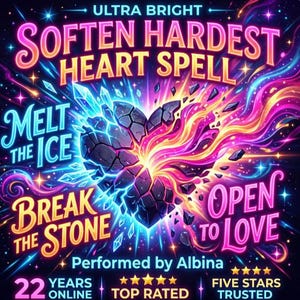 Peut inclure: Un graphique numérique montrant un cœur en pierre fissuré au centre se transformant en flammes roses et orange vives. Le texte indique : ULTRA BRIGHT, SOFTEN HARDEST HEART SPELL, MELT THE ICE, BREAK THE STONE, OPEN TO LOVE, Performed by Albina, 22 YEARS ONLINE, FIVE STARS TRUSTED.