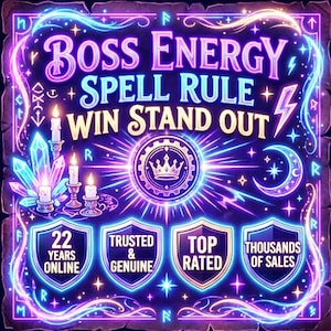 Może przedstawiać: Grafika cyfrowa z neonową fioletowo-niebieską obwódką. Tekst brzmi "BOSS ENERGY SPELL RULE WIN STAND OUT". Dodatkowy tekst zawiera "22 LATA ONLINE", "ZAUFANY I ORYGINALNY", "NAJWYŻEJ OCENIANY" i "TYSIĄCE SPRZEDAŻY". Obraz zawiera kryształy, świece i koronę.