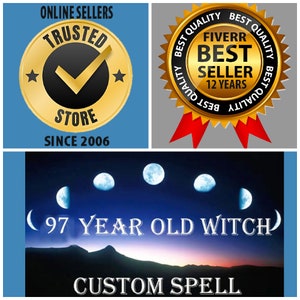 Pode incluir: Uma ilustração digital de uma lua crescente com o texto "(97 YEAR OLD WITCH)" e "CUSTOM SPELL" em um céu azul escuro com cinco luas em diferentes fases.