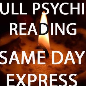 Puede incluir: Una vela encendida con una llama en el centro, con el texto "FULL PSYCHIC READING SAME DAY EXPRESS" en letras blancas sobre un fondo naranja oscuro.